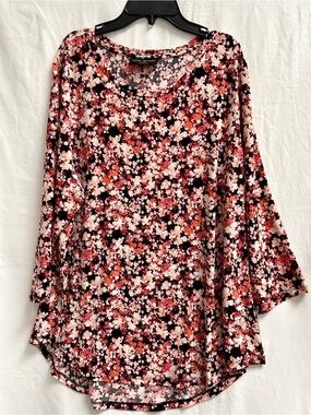 LANE BRYANT BLACK FLORAL, SCOOP NECK TOP WITH PINK & ORANGE BLOSSOMS, SIZE 18/20